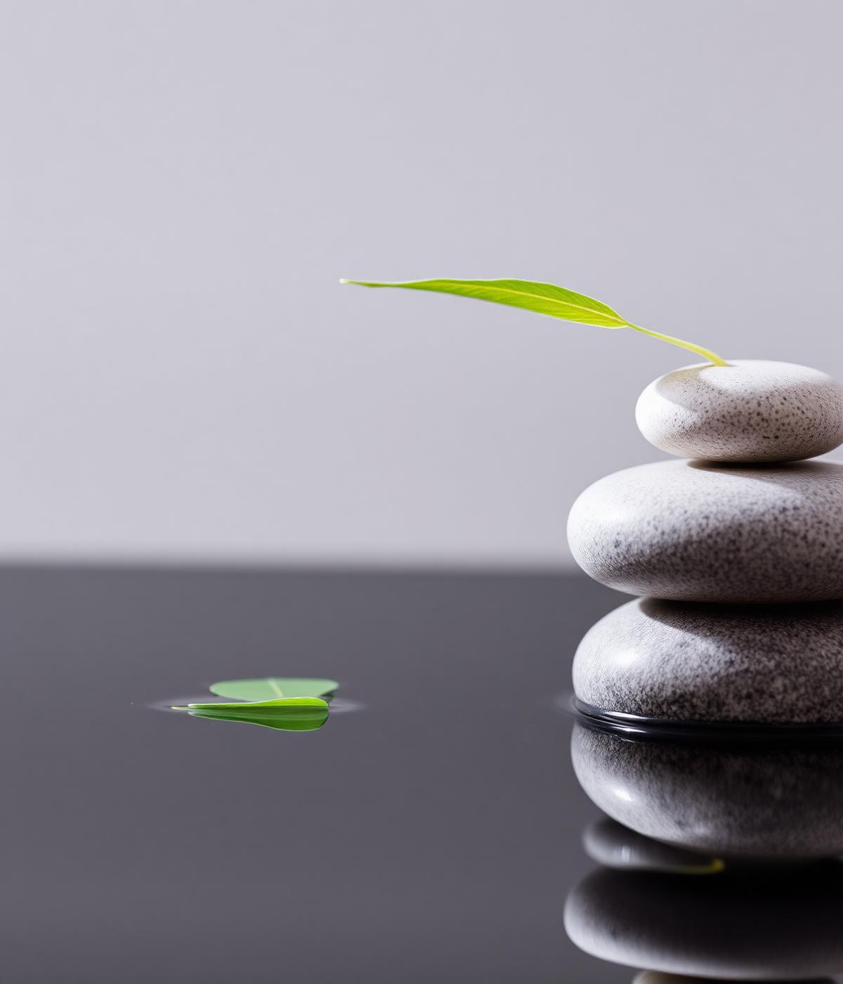 Zen stones and a green leaf on still water